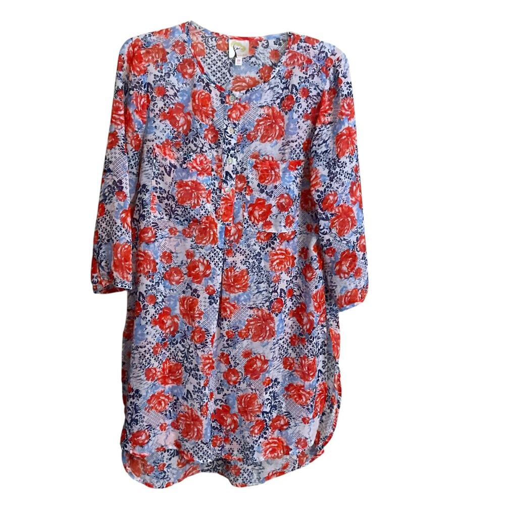 Anthropologie Fig & Flower Womens M Multicolor Floral High Low Tunic Top Sheer